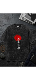 Japanese Red Moon Acid Wash Oversized T-Shirt for Men | Streetwear Graphic Tee