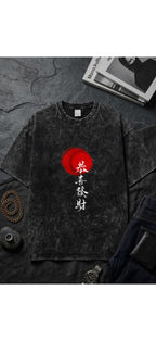 Japanese Red Moon Acid Wash Oversized T-Shirt for Men | Streetwear Graphic Tee