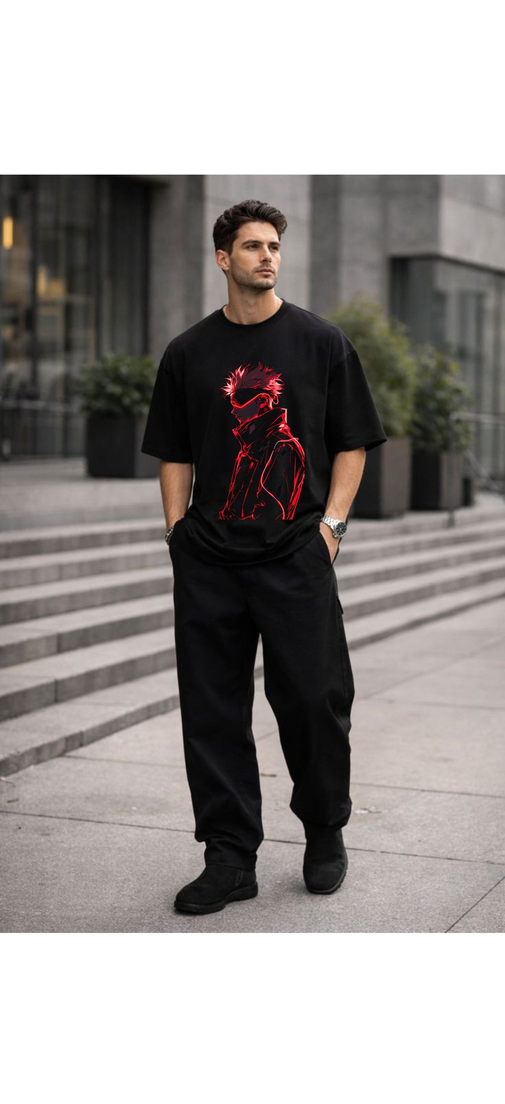 Gojo Neon Anime T-Shirt | Oversized Black Anime Graphic Tee for Men
