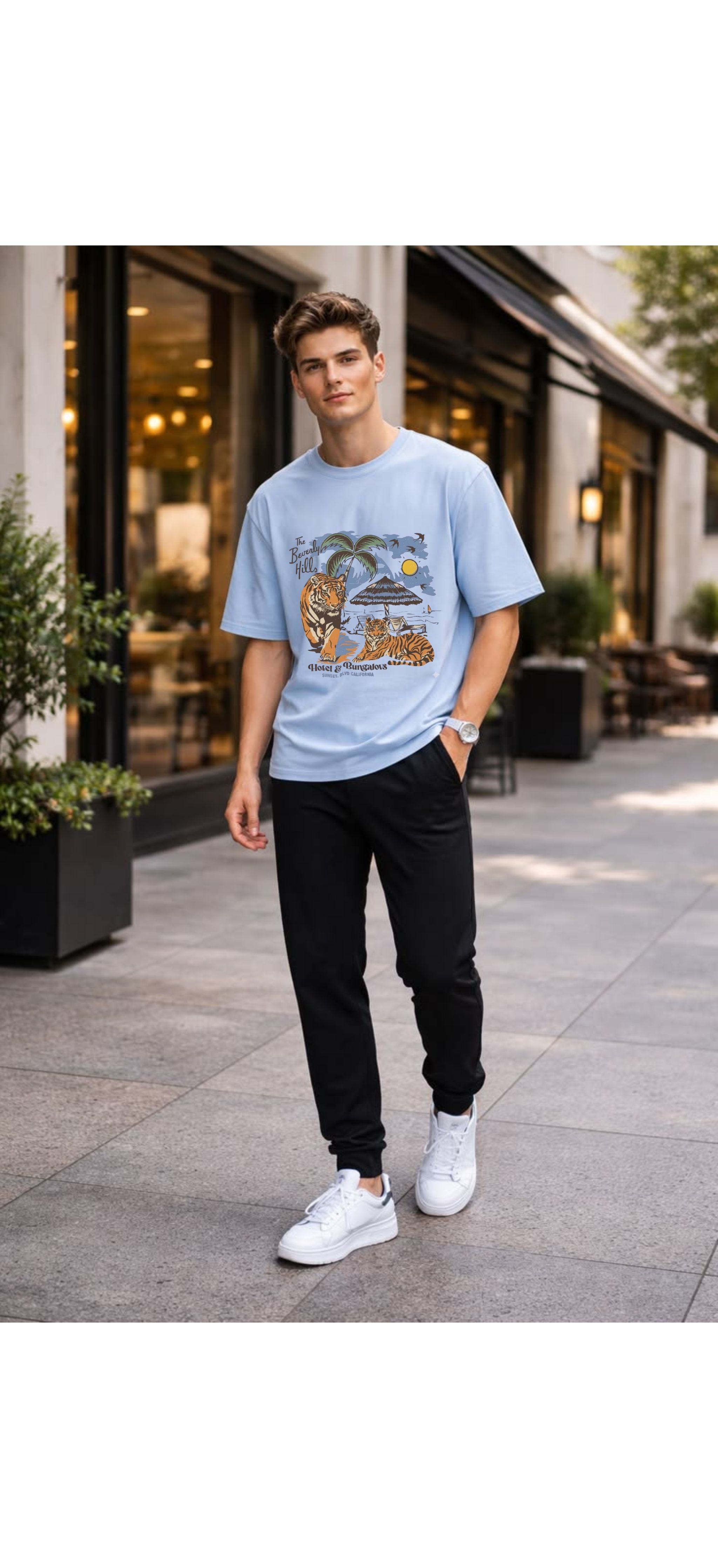 The Beverly Hills Tiger Bungalow Oversized Tee Sky Blue For Unisex