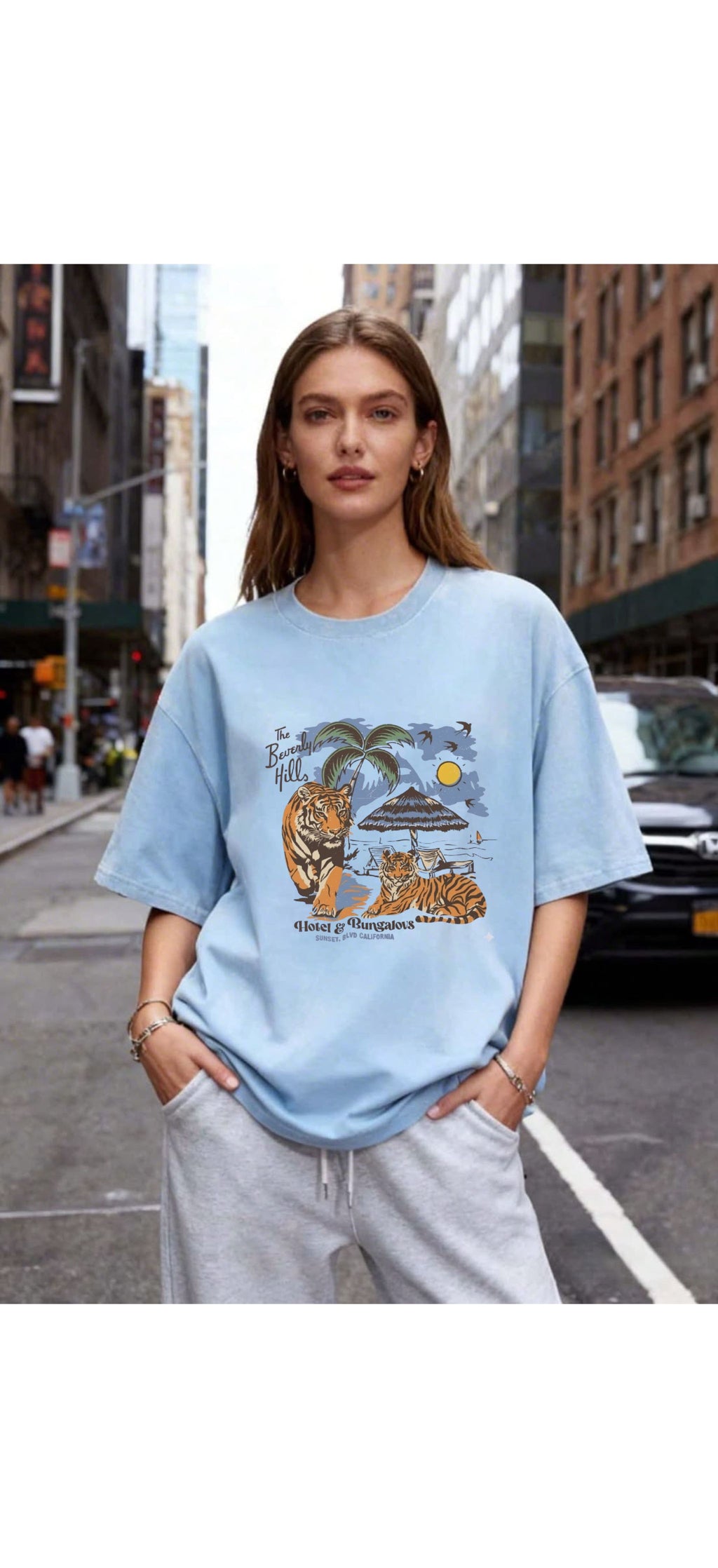 The Beverly Hills Tiger Bungalow Oversized Tee Sky Blue For Unisex