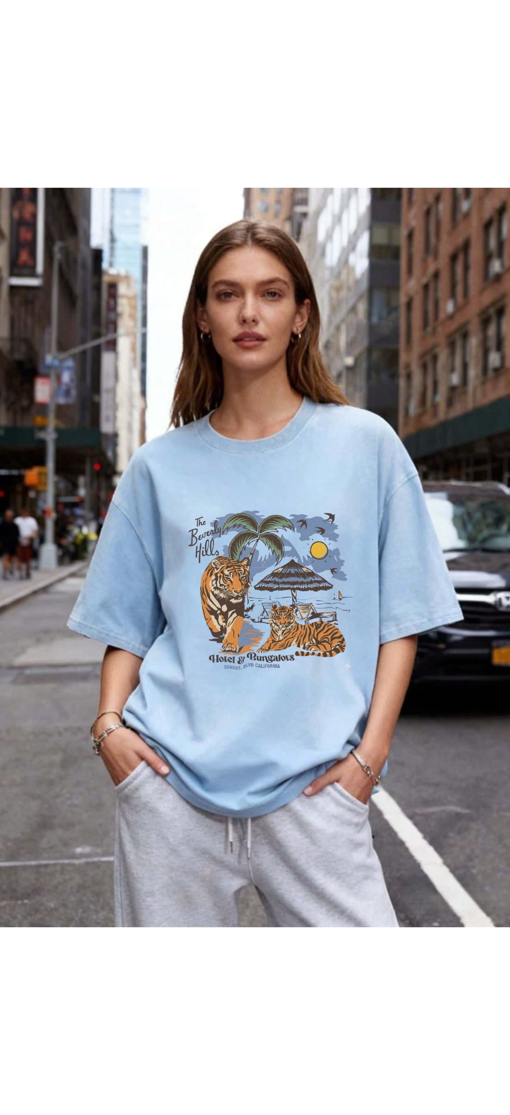 The Beverly Hills Tiger Bungalow Oversized Tee Sky Blue For Unisex