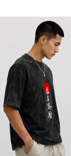 Japanese Red Moon Acid Wash Oversized T-Shirt for Men | Streetwear Graphic Tee
